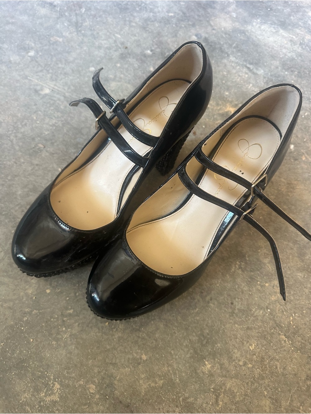 Jessica Simpson Black Patent Double-Strap Mary Jane Heels